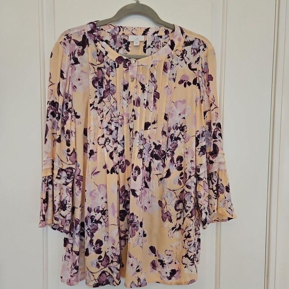 J. Jill Pintucked Bell Sleeve Floral Purple Peach 3/4 Sleeve Tunic‎ Top size Sm.